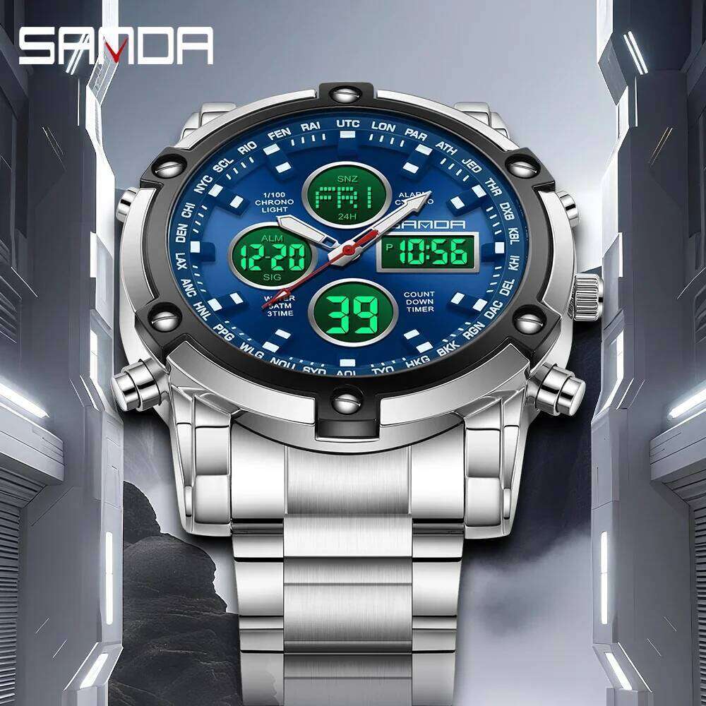 SANDA 3394 Waterproof Shock Resistant Outdoor Sports Chronograph Wristwatch New Design For Men Stainless Steel Strap Alarm Mode