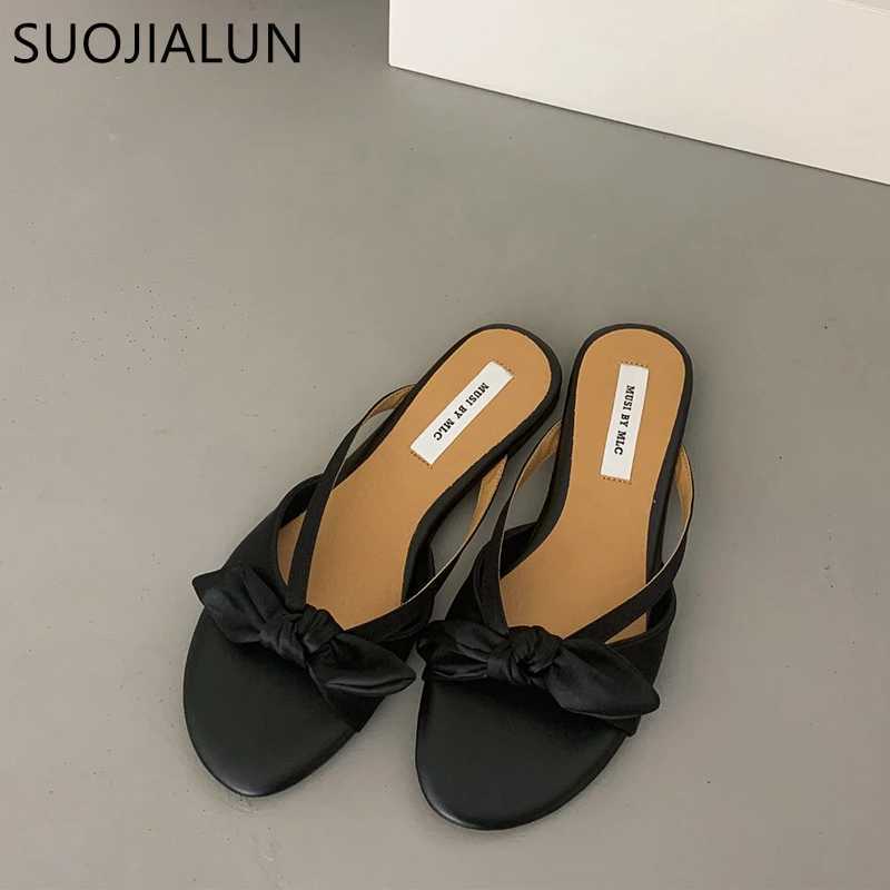 SUOJIALUN 2023 Summer New Women Slipper Fashion Bow-knot Slip On Ladies Sandal Shoes Flat Heel Outdoor Casual Dress Slide K260312