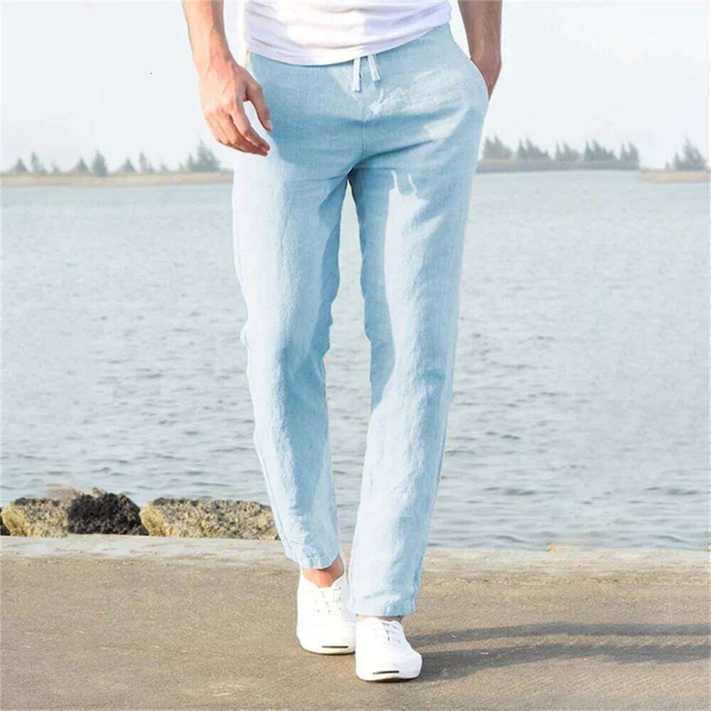 2025 Men's Stand Pocket Casual Linen Pants Solid White Gray Trouser Plus Size 3xl Mens Elegant Fashion Sweatpants Men Streetwear