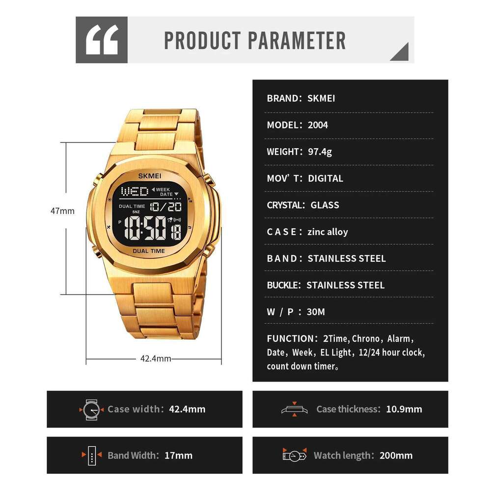 SKMEI 2004 Luxury Digital Watch for Sport Calendar Steel Waterproof Electronic Men Wristwatches Led Alarm Clock Reloj Hombre