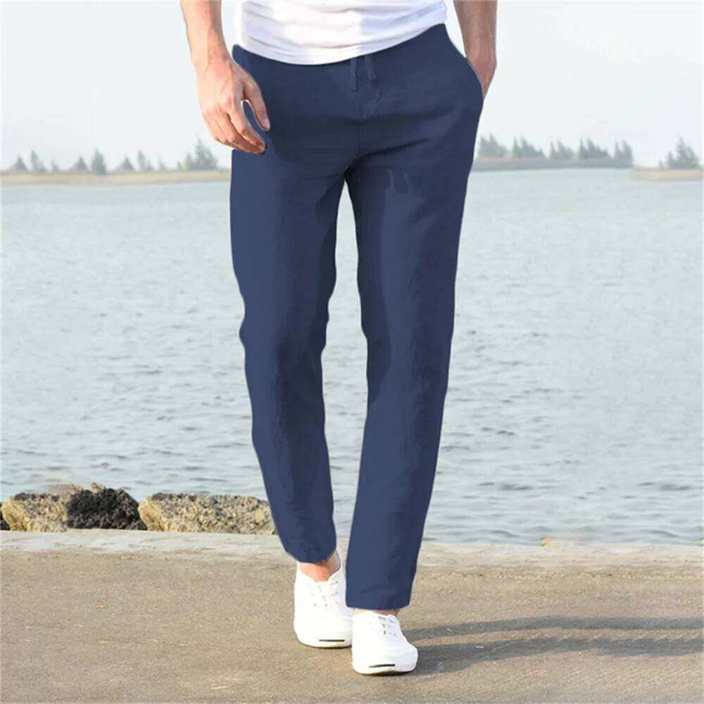2025 Men's Stand Pocket Casual Linen Pants Solid White Gray Trouser Plus Size 3xl Mens Elegant Fashion Sweatpants Men Streetwear