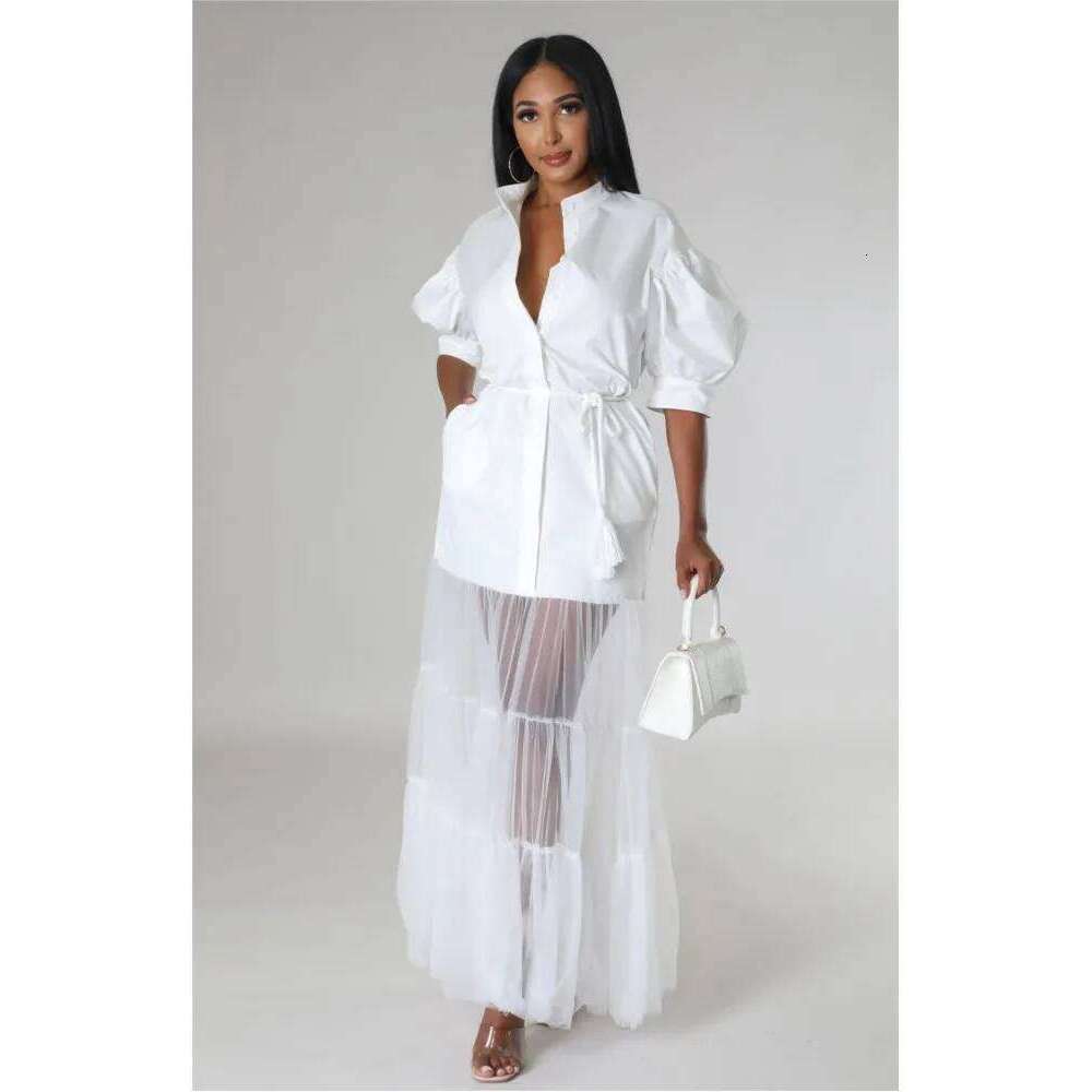 Fashionable White Short Sleeve Dresses For Women'S Summer New Elegant Lace-up Pocket Lace Shirt Long Dress Female C260312