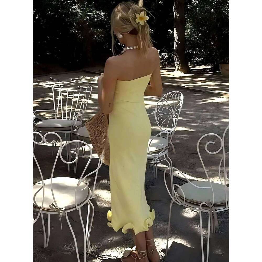 Hugcitar Elegant Solid Strapless Ruffles Sexy Bodycon Maxi Prom Dress Summer Women Fashion Y2K Outfit Birthday Party Festival C260311