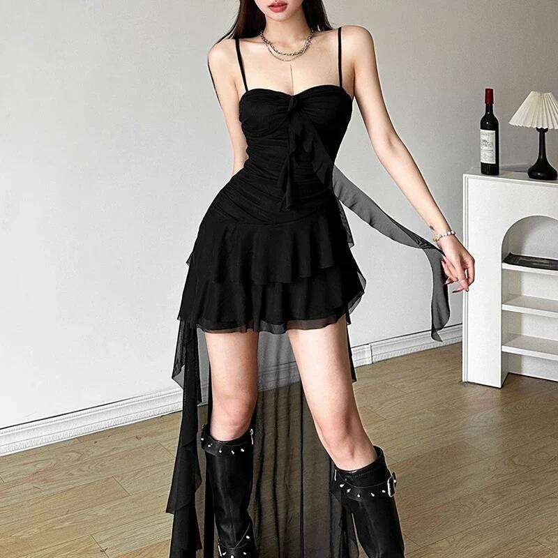 Y2K Irregular White Midi Dress Women Gothic Sexy Spaghetti Straps Ruffles Black Dresses Summer Korean Red Bodycon Vestidos C260312