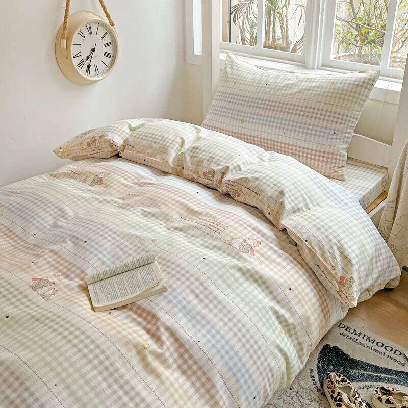 100% Pure Cotton Grid Pattern Bedding Set Skin Friendly Bedsheet Duvet Cover 2 Pillowcases Double Bedclothes for Home Dormitory H260312