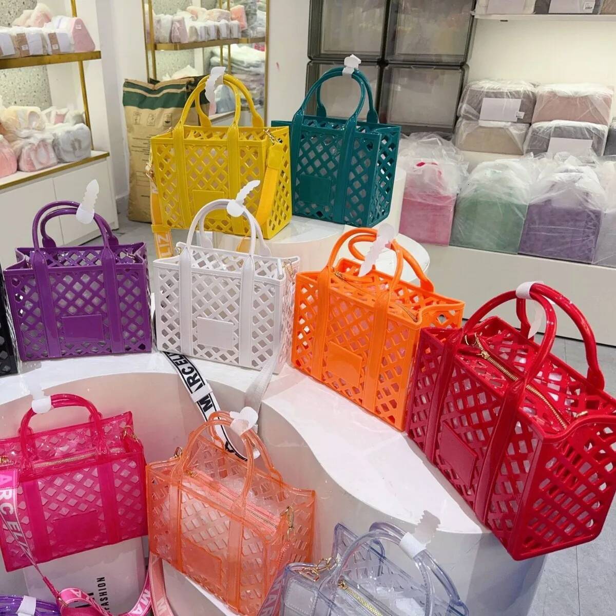 Adult Hollow Vegetable Basket Unisex Forest Candy Color PVC Shoulder Large Capacity Wide Strap Transparent Tote Bag Handbag