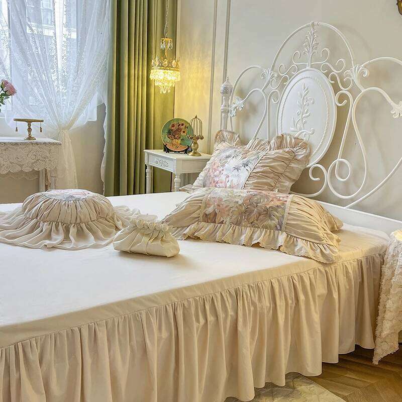 Pleat Ruffles French Vintage Flamingo Tropical Leaves Botanical Print Bedding Set Pure Cotton Duvet Cover Bed Skirt Pillowcases H260312