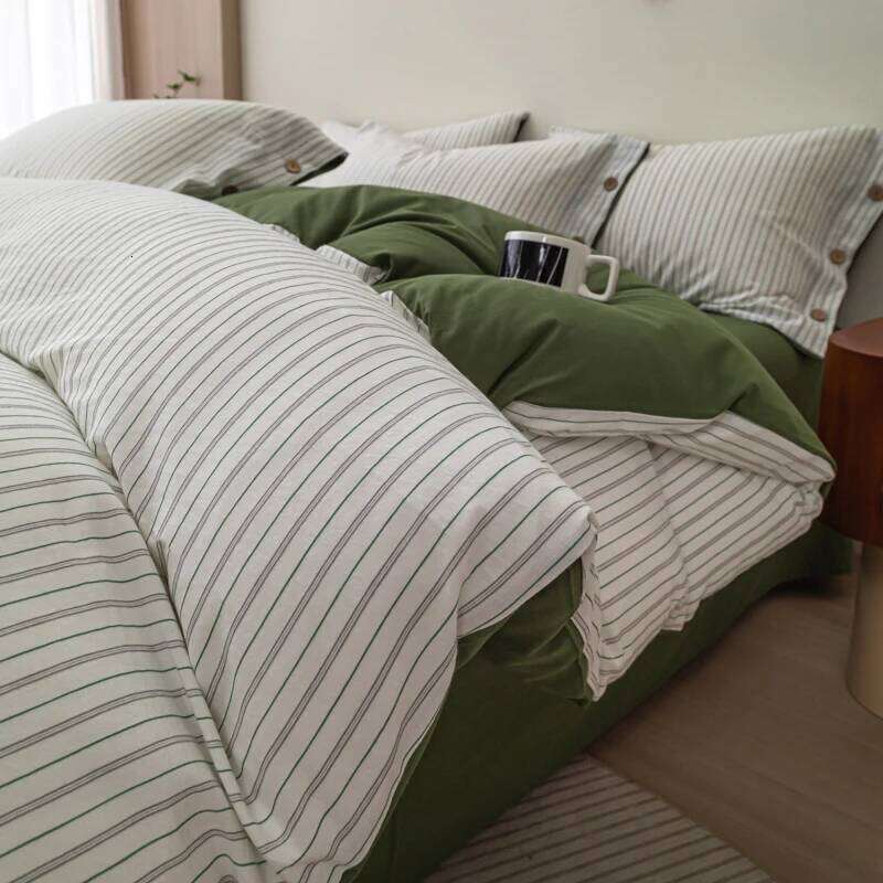 2024 new yarn-dyed small jacquard striped washed cotton simple bedding high-end button bed four-piece set H260312