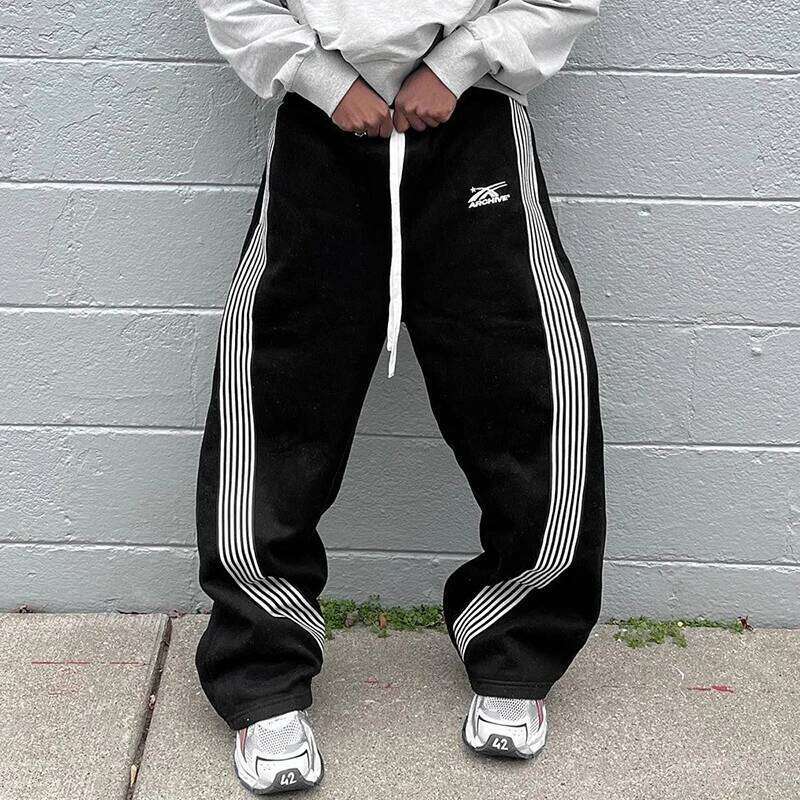 Hip-Hop Streetwear Men Casual Striped Sweatpants Spring Autumn Couple Baggy Elastic Waist Jogging Trousers High Street Pant