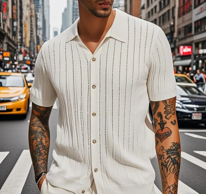 Summer Mens Casual Shirt Breathable Hollow Out Knit Shirt Short Sleeve Lapel Lightweight Top for Men European American Loose 260311