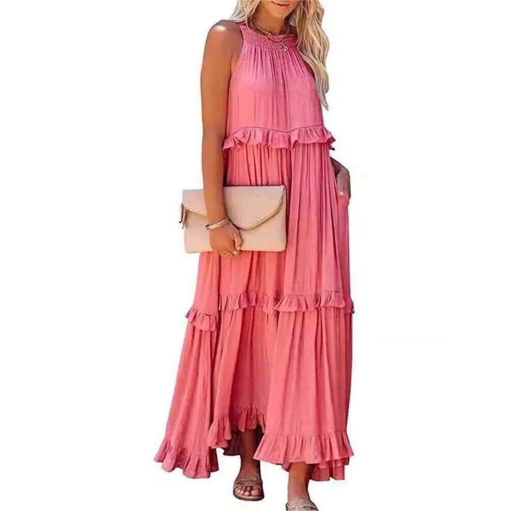 Summer Vacation Style Halter Neck Long Dresses Women Fashion Backless Leace-up Loose Ruffles Beach Dress Elegant Ladies Vestidos C260312