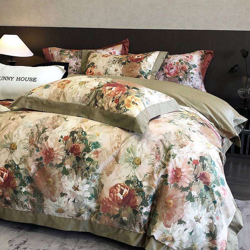 1000TC Egyptian Cotton Vintage Oil Painting Style Flowers Print Bedding Set Duvet Cover Flat/Fitted Bed Sheet Pillowcase 4Pcs H260312