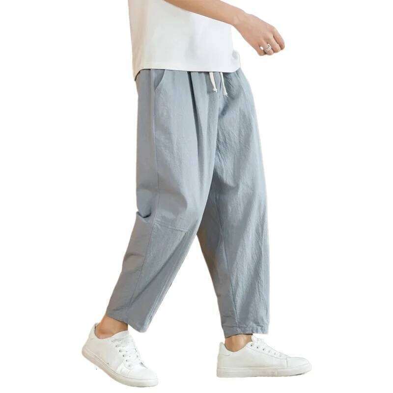 New Cotton Linen Mens Casual Solid Color Breathable Streetwear Loose Straight Drawstring Baggy Lightweight Sport Pants