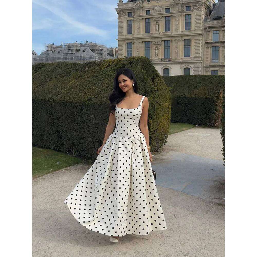 Elegant Polka Dot High Waist Party Dress Fashion Square Neck A-line Backless Sling New Summer Female Holidays Robes 2025 C260312