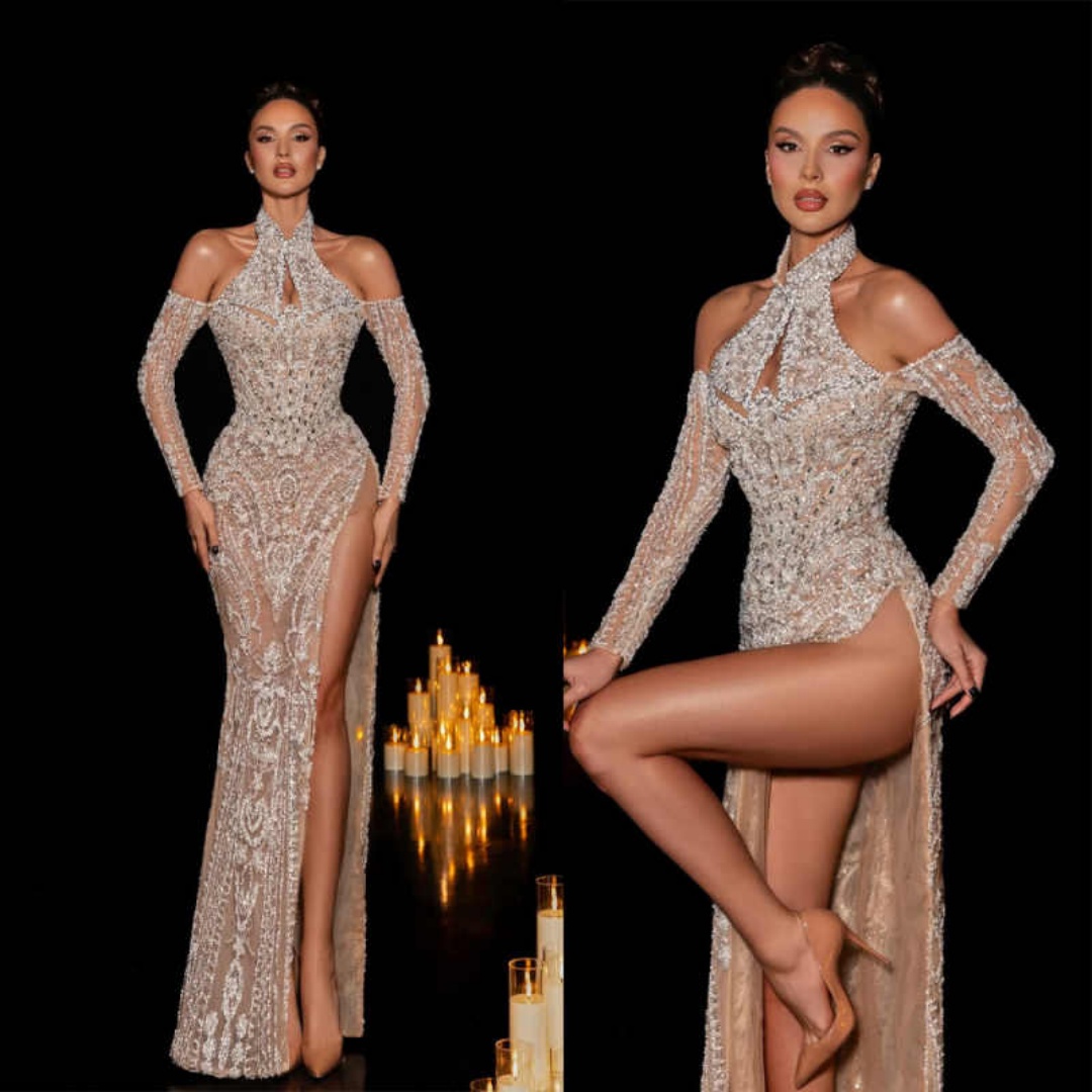 New Design Evening Dresses Mermaid Halter Rhinestones Pearls Backless Party Dress Dresses Celebrity Prom Gown Customized Vestido De Novia