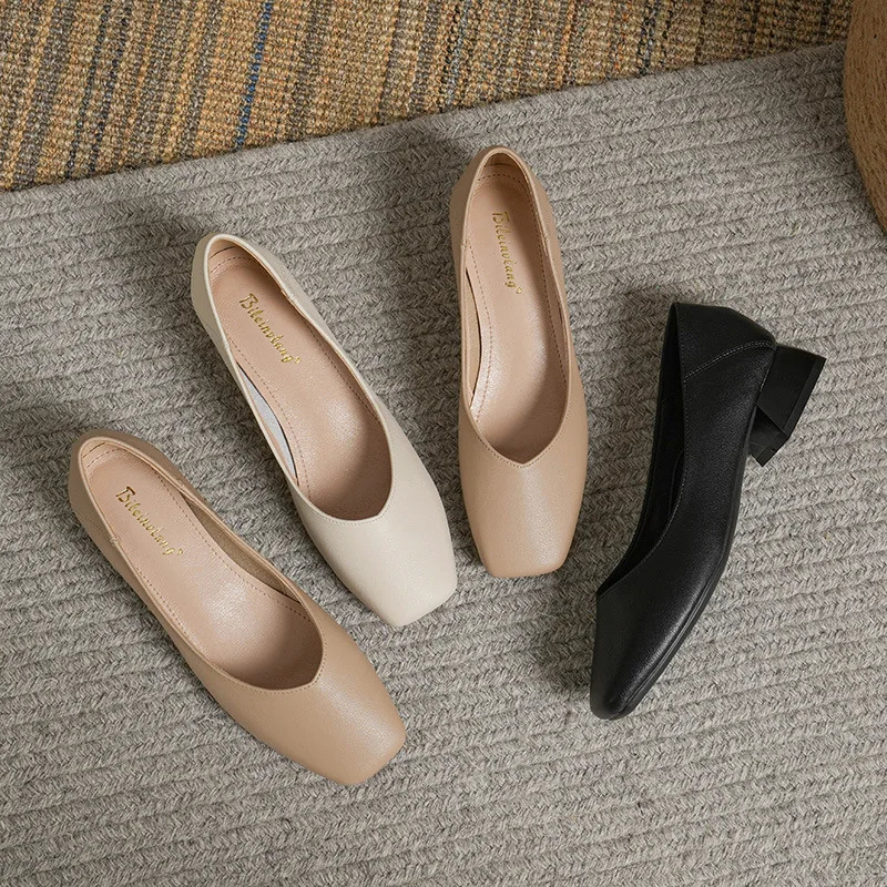 Woman Elegant Square Toe Concise Black 4CM High Heel Female Shallow Retro Mary Janes Comfortable Cute Loafers Lolita Shoes 260306