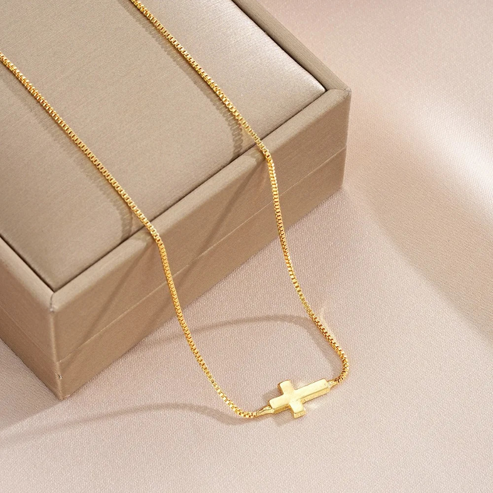 Minimalist Exquisite Gold Color Stainless Steel Cross Pendant Box Chain Adjustable Necklace for Women Collar Chain Jewelry Gifts 260311