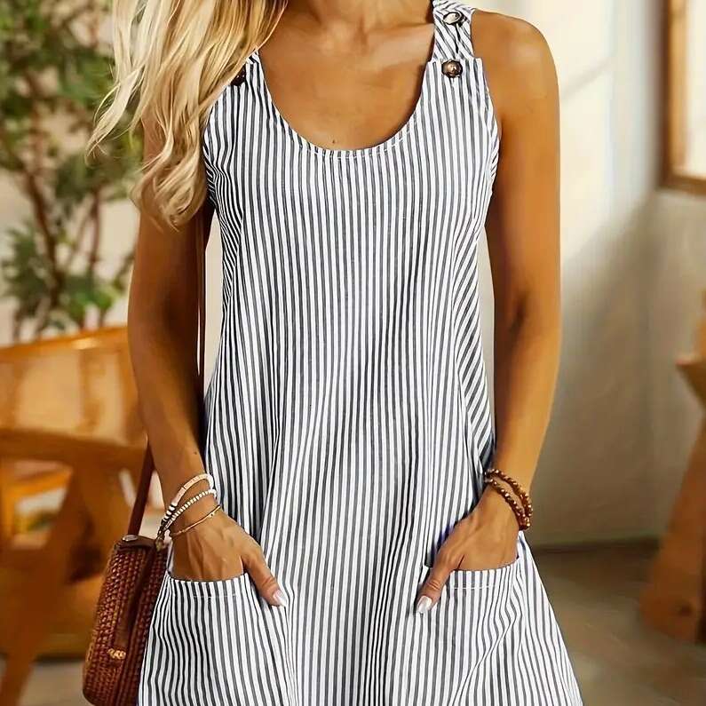 European and American style coat, new independent station product, round neck, pocketed, striped, buttoned, casual short dress
