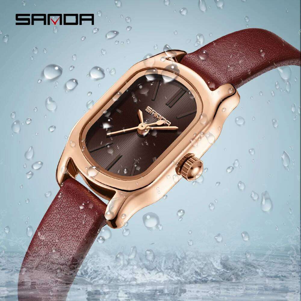 SANDA Genuine New Quartz Watch Casual Fashion Rose Gold Case Womens Watches Maroon Leather Strap Waterproof P1104
