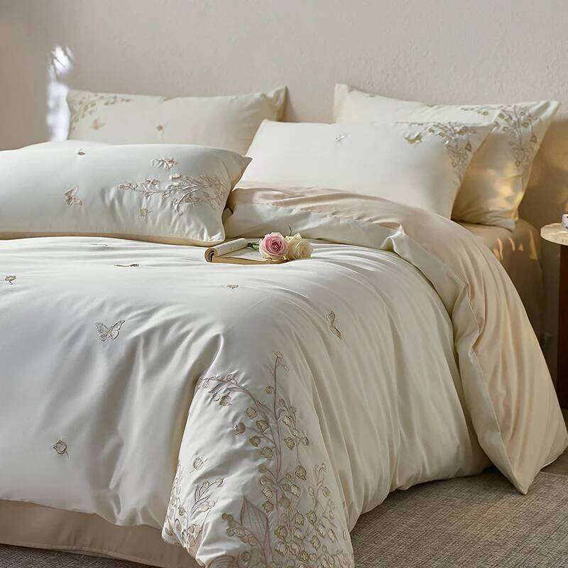 Elegant Lily of the valley Embroidery Bedding 600TC Egyptian Cotton Duvet Cover Set Bed Sheet/Fitted Sheet Pillowcases 4Pcs H260312
