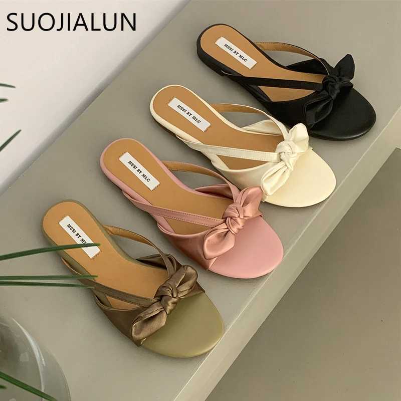 SUOJIALUN 2023 Summer New Women Slipper Fashion Bow-knot Slip On Ladies Sandal Shoes Flat Heel Outdoor Casual Dress Slide K260312