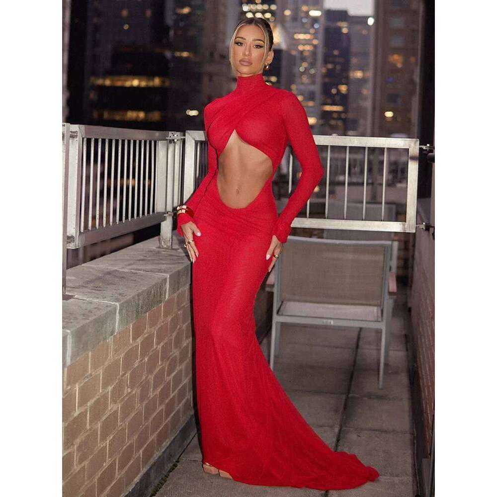 Party Dresses For Women Fashion Sexy Streetwear Solid Hollow Out Turtleneck Full Sleeves Slim Elegant Long Vestidos Robes Female C260312