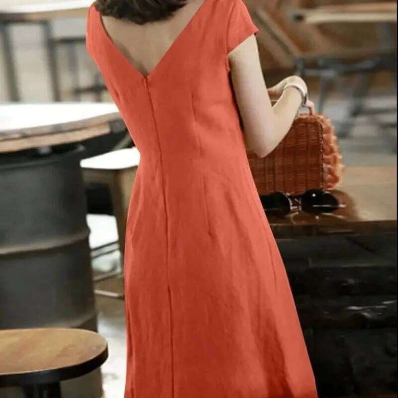 2025 Spring Cotton Linen Women's O-neck Short Sleeve A-line Casual Dresses Female Trendy Fashion Loose Clothes Ladies C260311