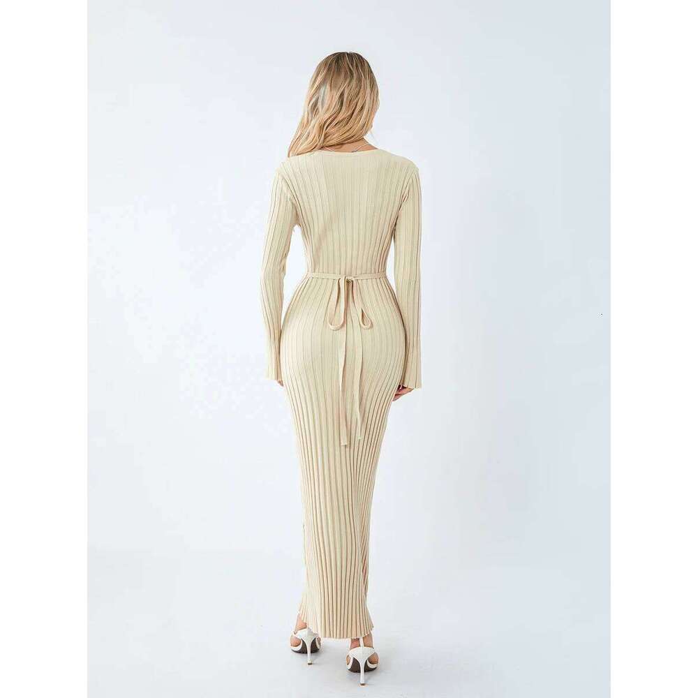 Women Spring Autumn Lace-up Knit Elegant Sleeve Crew Neck Ribbed Solid Color Long Dress Streetwear C260312