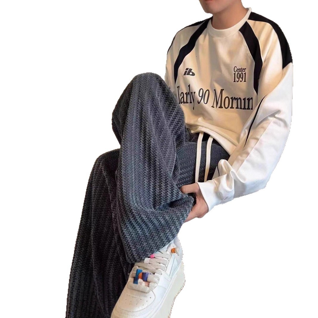 Men's Designer Pants Casual Sports Pants For Autumn And Winter Trendy Brand Style Striped Knit Loose Straight-leg Heavy Sweatpants