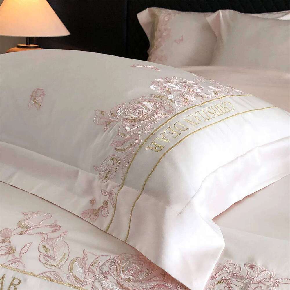 Pink Egyptian Cotton Flowers Embroidery Bedding Set Duvet Bedspread Sheet Pillowcases Mattress Cover King Queen Size H260312