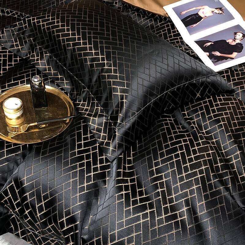 New Black Gold Yarndyed Jacquard Egyptian Cotton Bedding Set Satin Smooth Duvet Cover Flat/Fitted Sheet Pillowcases 4Pcs H260312