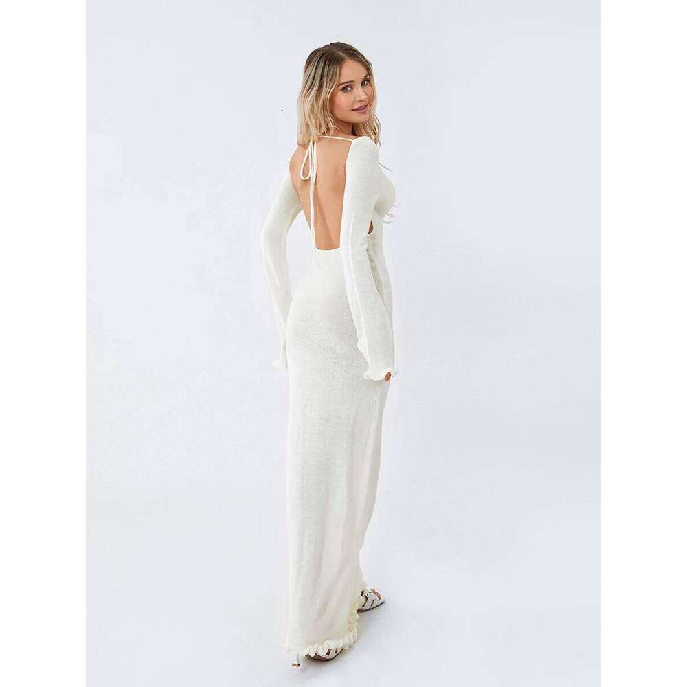 Women's Autumn Winter Knitted Bodycon Sleeve Tie Backless Round Neck Solid Color Ruffle Trim Long Dress Beachwear C260312