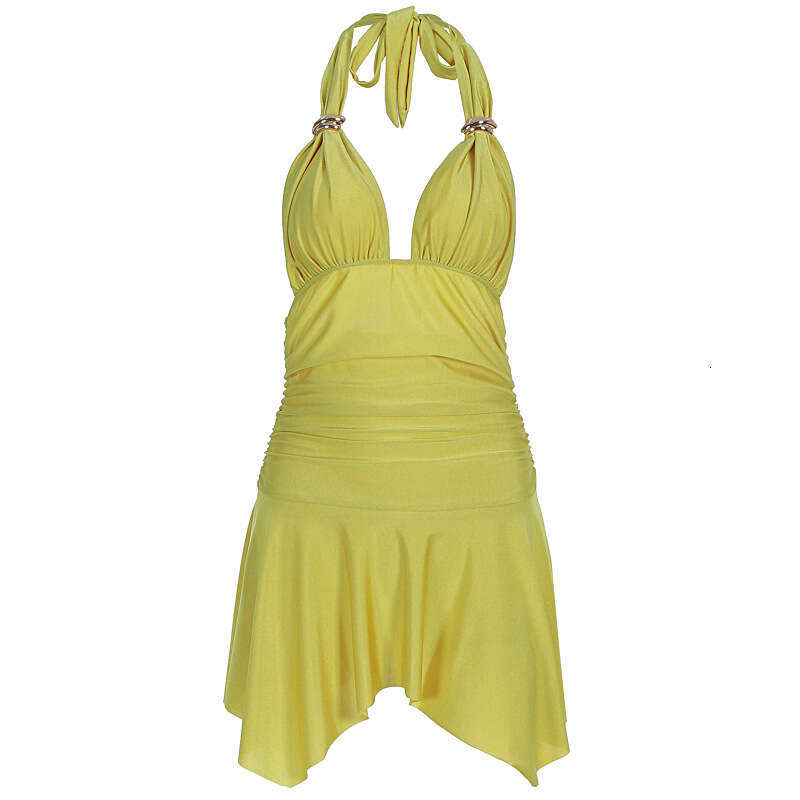 Bestseller 2025 Summer New Lace-Up Halter Neck Sexy Deep V Backless Waist-Cinching Fashionable Asymmetrical Dress