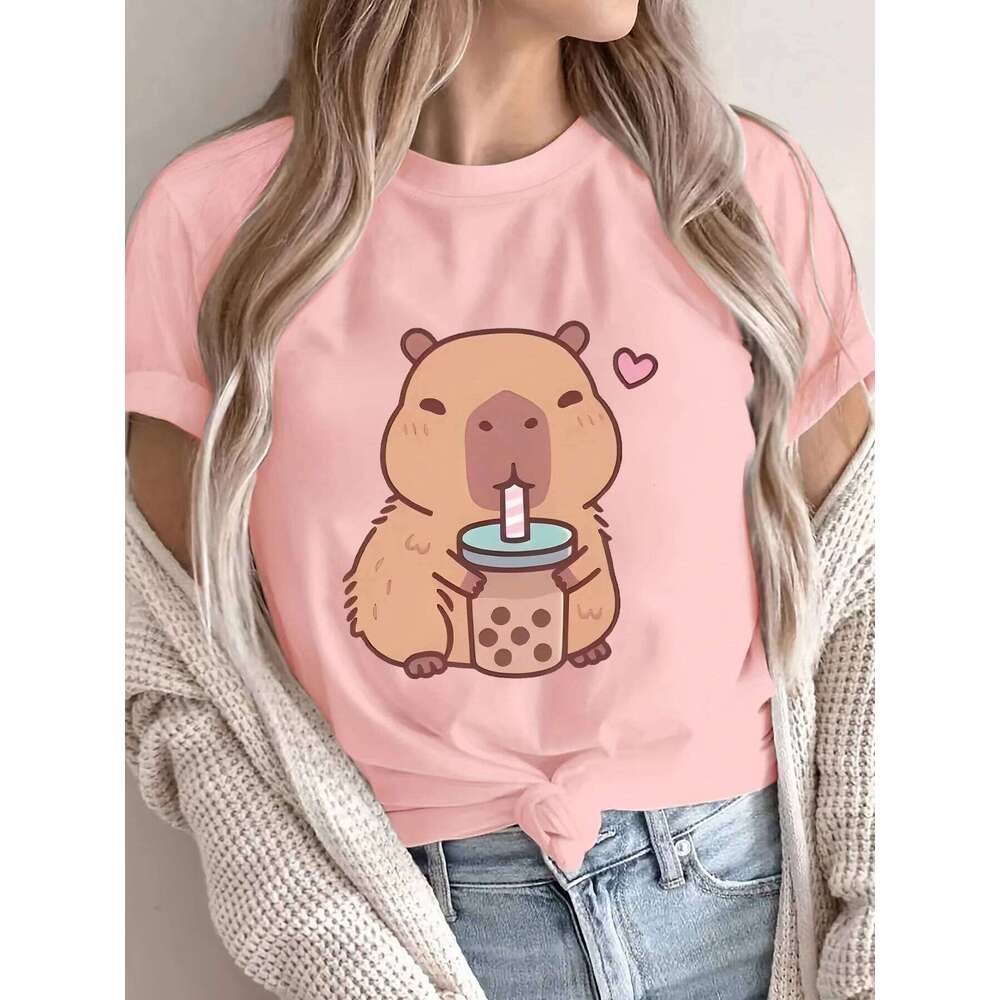 Women's Casual Sleeve T-Shirt with Cute Capybara Drinking Bubble Tea Graphic Summer Short Sleeved Harajuku Streetwear Tops Z260312