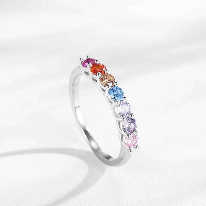 Ailmay 925 Sterling Silver Charm Rainbow Crystal Rings For Women Stackable Slim 3 Color Wedding Engagement Band Fine Jewelry H260312