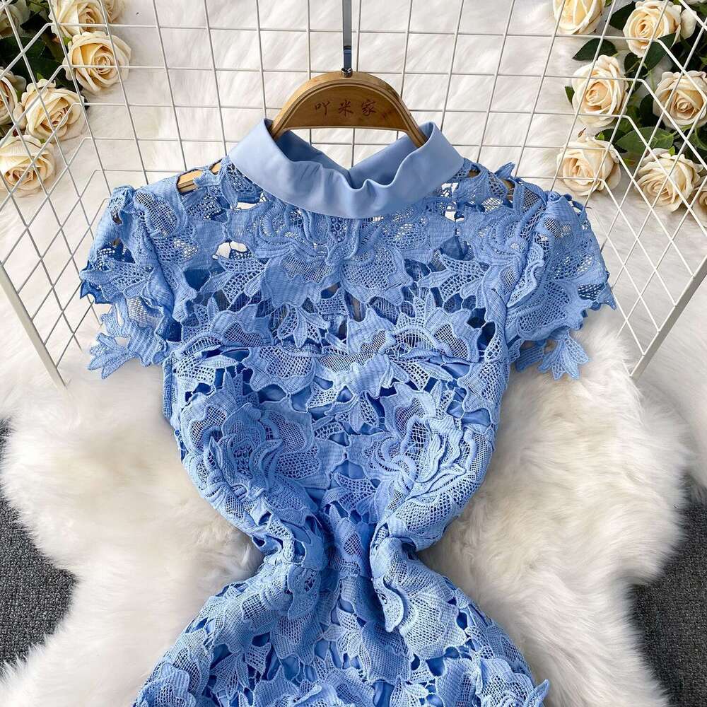 2026 a22 elegant and exquisite lace short sleeved stand up collar women's summer new slim fit waist cinched mermaid dress