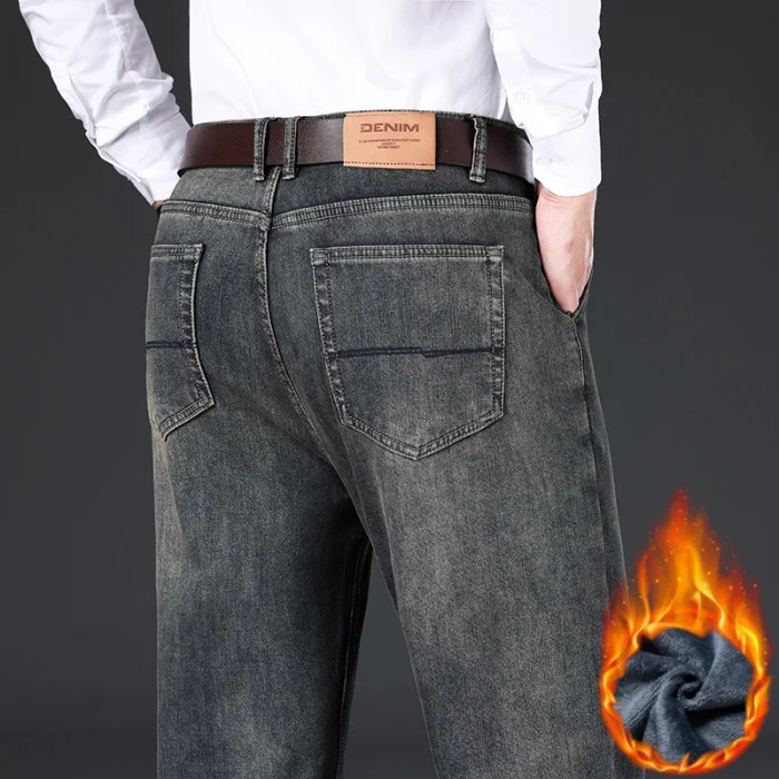 Winter Wool Lining Thickened Jeans Classic Mens Loose Straight Fleece Warm Business Casual Trousers Antifreeze Denim Pants 260228