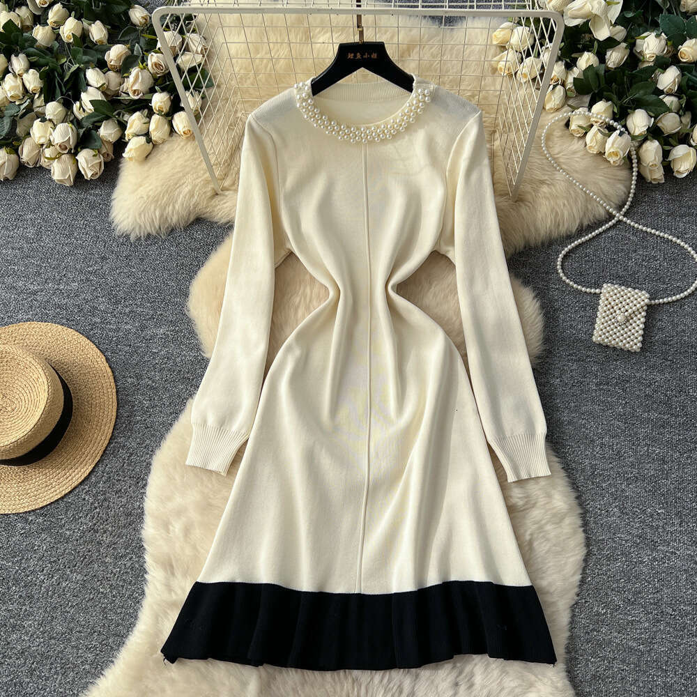 2026 French Elegant High End Dress a16 Round Neck Color blocked Ruffle Bottom and Waist Designer