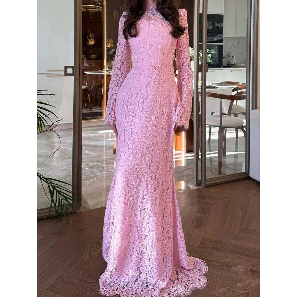 Women Elegant Embroidery Hollow Casual Long Sleeve Solid Slim Party Dress Fashion Half High Collar Temperament Gowns C260312