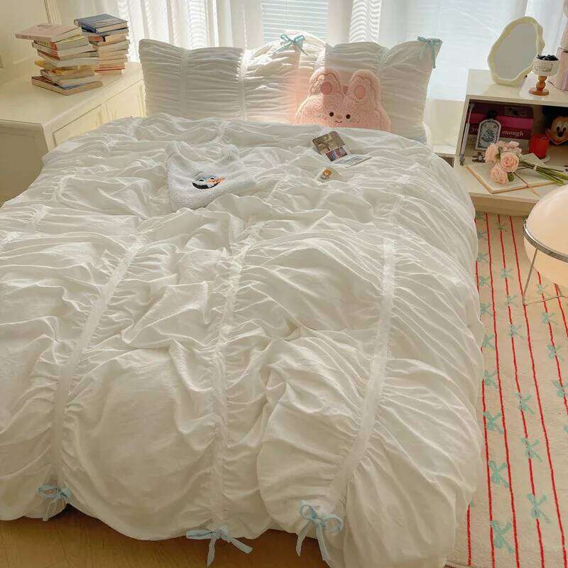 Solid Color Pleated Textured Soft Breathable Chic Princess 4pcs Bedding Set, Delicate Bows Twin Duvet cover Bed sheet Pillowcase H260312