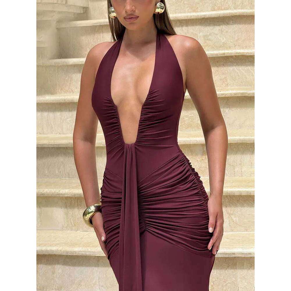 Mozision Deep V Neck Draped Ruched Sexy Maxi Women Summer Fashion Halter Sleeveless Backless Club Party Long Dress Elegant C260311