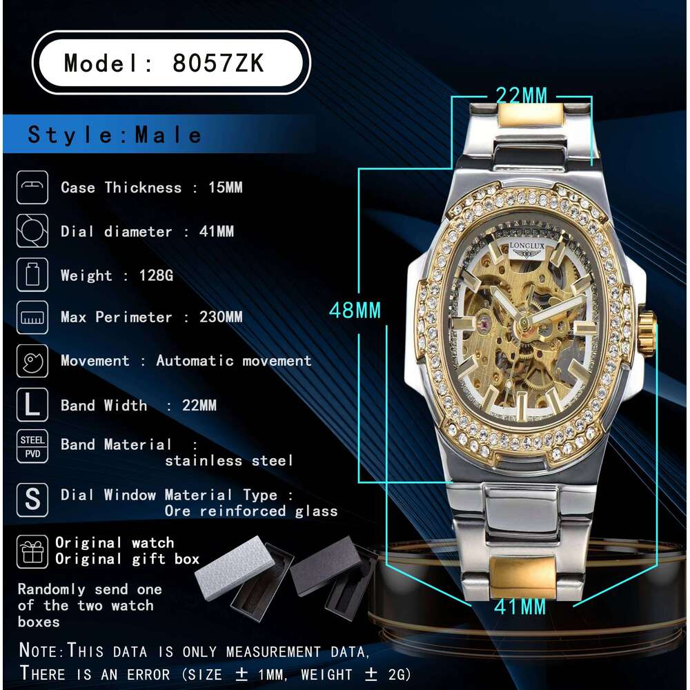 LONGLUX automatic luxury stainless steel wholesale mechanical wristwatches skeleton waterproof diamond man watch