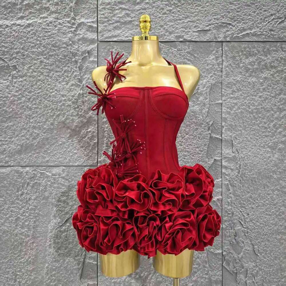 Red Color Women Sexy Halter Full Florals 2 Pieces Bodycon Mini Bandage Celebrate Nightclub Party Birthday Dress C260312