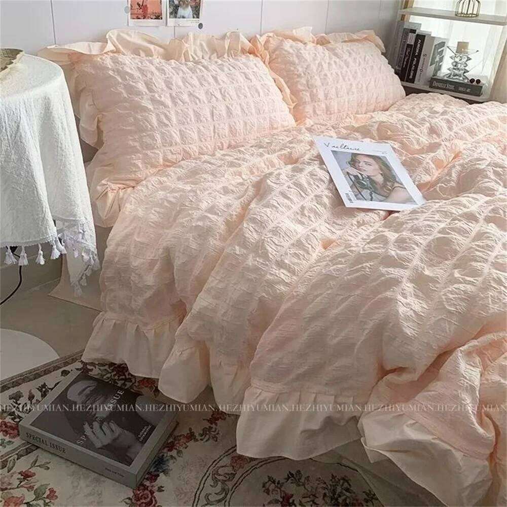 Korean Princess Yellow Bedding For Women Double Ruffle Lace Duvet Cover Full Queen Solid Color Comfortable Bed Sheet Set H260312