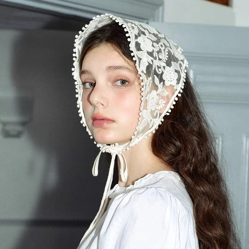 White Woven Floral Lace Hair Scarf Wraps Women Retro Triangle Headscarf Hat Travel Po Headband Hair Accessories 260304
