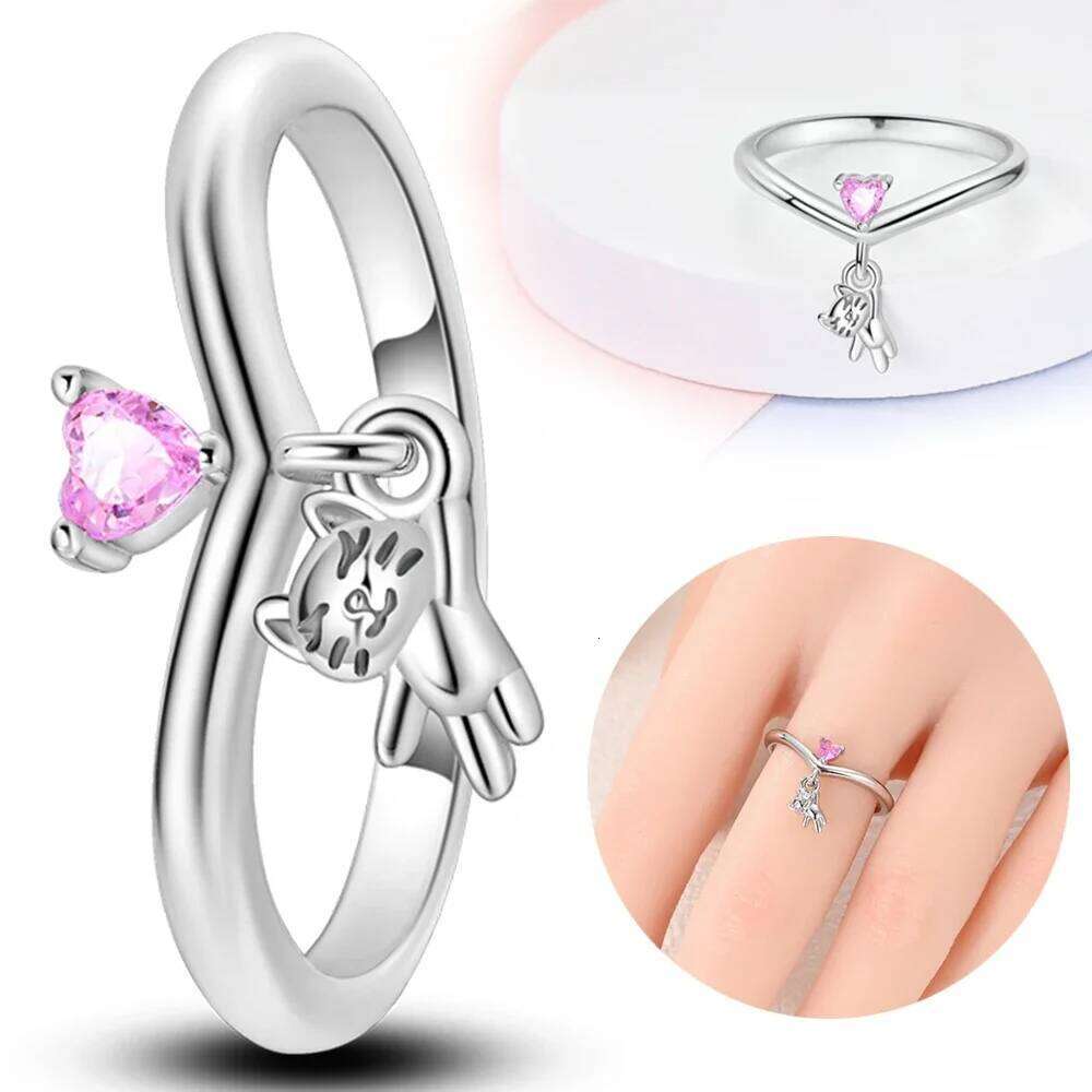 Real S925 Adorable Cat Pink Rings for Women Sterling Silver Ring Fine Jewelry Gift Teen Girl Valentines H260312