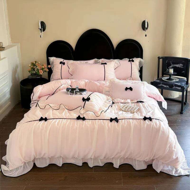 Romantic Lace Princess Black Bow Bedding Pink Korean Style Duvet/Comforter Cover Set Bed Sheet/Fitted Sheet Pillowcases 4Pcs H260312