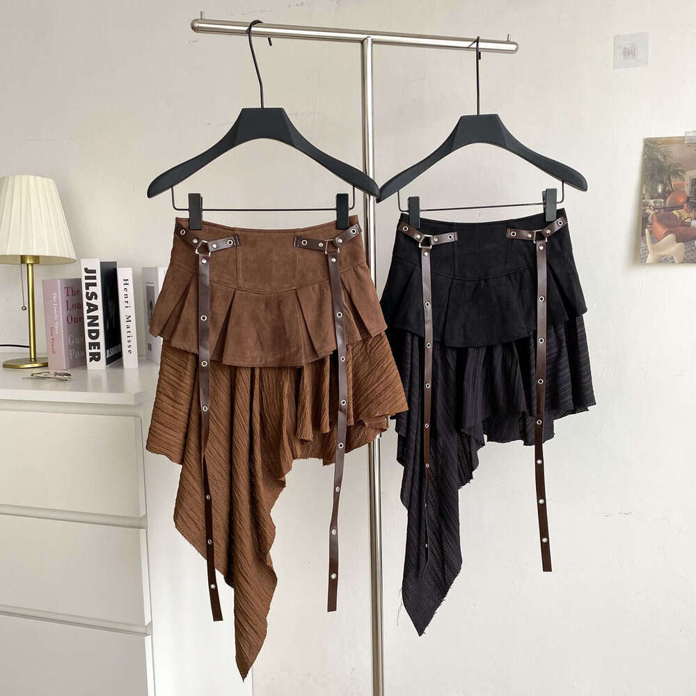 Design a niche multifunctional women's irregular skirt in 2026 a27 autumn and winter, featuring an American retro style with a belt and ruffles