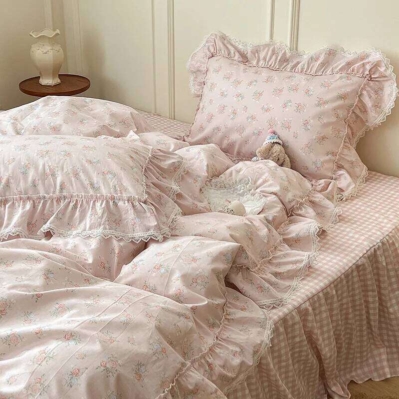 Korean Princess Style Ruffles Flower Print Bedding Duvet Cover Set Bed Skirt Bedspread Pillowcases 100% Cotton Home Textile H260312