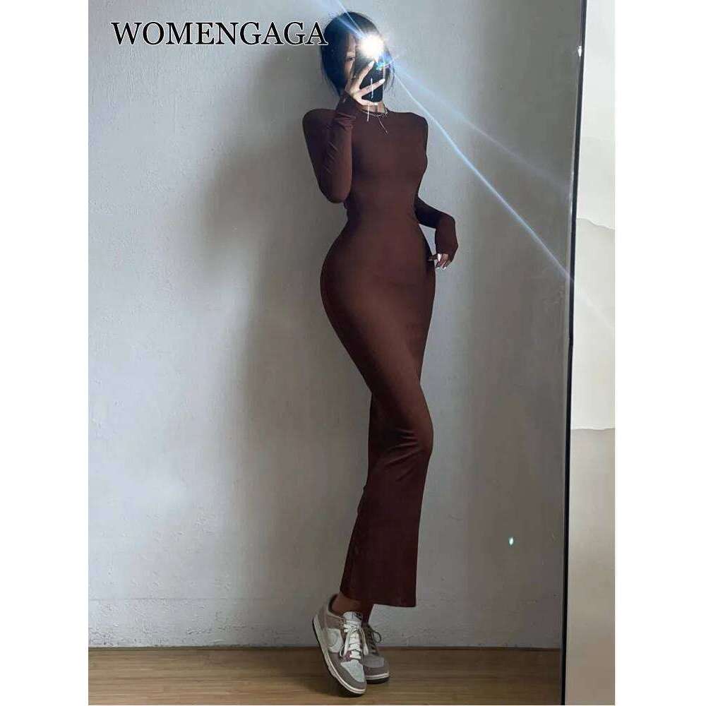 WOMENGAGA Simple Dress Round Neck Long Sleeve Tight Slim Maxi Dresses Elegant Fashion Korean Women Robe DEH8 C260312